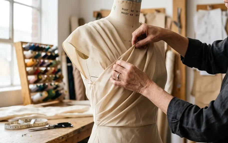 Una modista ajustando los pliegues de un vestido fluido sobre un maniquí de costura en un taller iluminado.