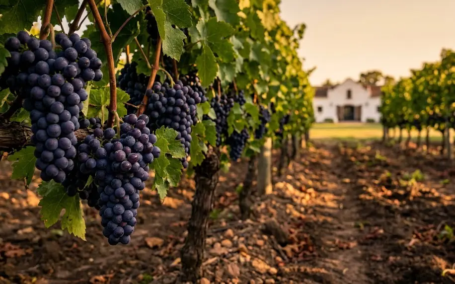 Hileras de vides de uva Tannat en una bodega familiar cerca de Montevideo durante la temporada de cosecha.