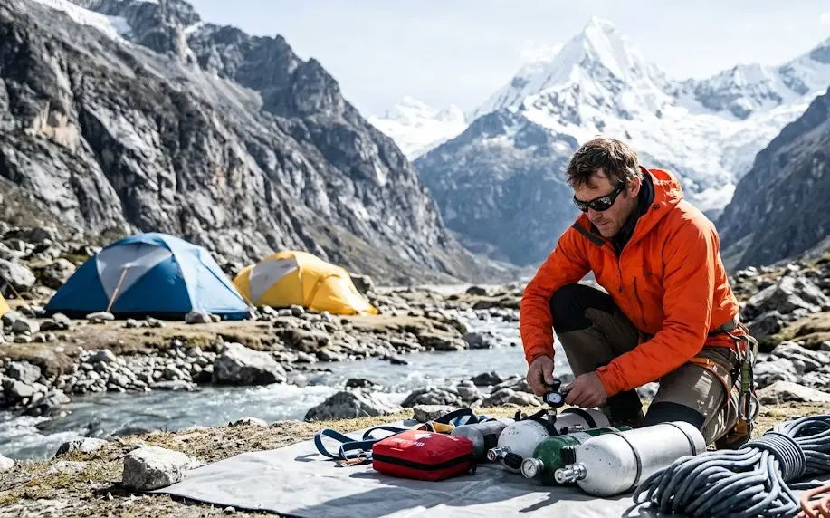 Guías de montaña certificados revisando el equipo técnico, un paso clave al elegir agencias de trekking en Perú.