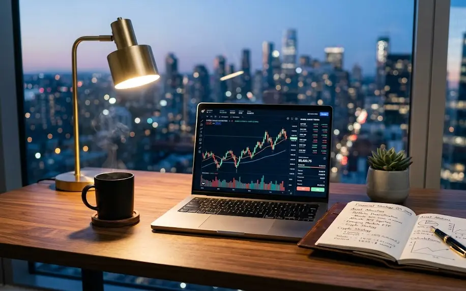 Inversor analizando gráficos financieros globales y consejos para invertir en el extranjero de forma segura.